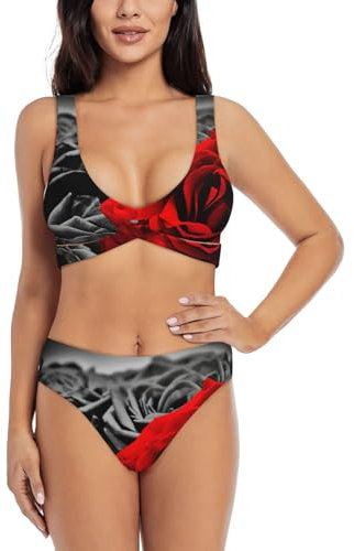 Black White and Red Roses Print Women Swimsuit, Women's High-Waisted Bikini Set, Two-Piece Sport Bathing Suits