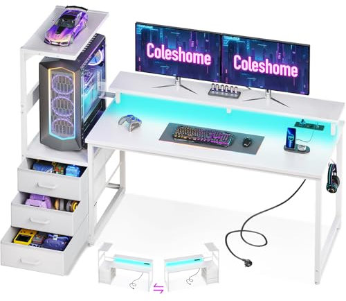 Coleshome Scrivania Gaming con Luci LED e Prese di Corrente, Postazione Gaming Reversibile con Cassetti, Scrivania Computer con Supporto per Schermo, Fibra di Carbonio Bianca, 151×50 cm