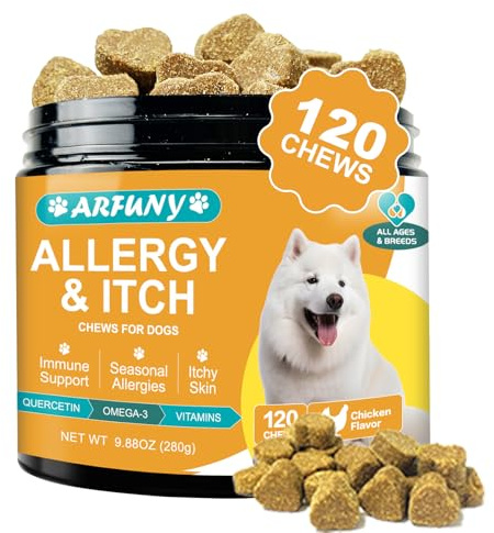 Allergy per cani – Contro il prurito – lenisce la pelle, le zampe, le orecchie – Rafforzare il sistema immunitario – Per cani che graffiano, prurito e leccare – Con sapore di pollo, 120 pezzi