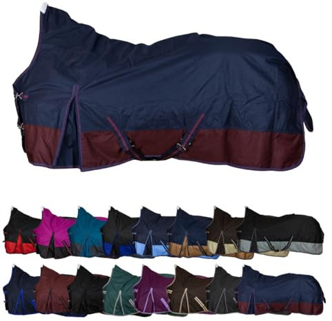 RL24 - Weidedecke High Neck Basicline 600D – Regendecke & Übergangsdecke – wasserdichte Outdoordecke mit Kreuzbegurtung – Pferdedecke in Marine/Kastanie – Größe 135cm (200g/m² Füllung)