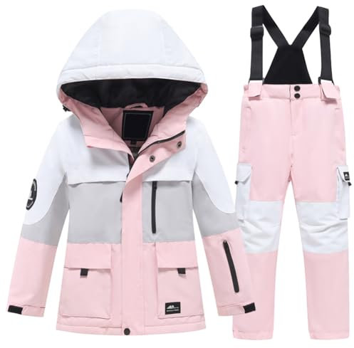 Amur Leopard Kinder Skianzug 2tlg Skijacke mit Kapuze + Skihose Winddicht Wasserdicht Schneeanzug Jungen Atmungsaktiv Skianzüge Mädchen, Rosa, 104-110 (Etikettengröße: 110)