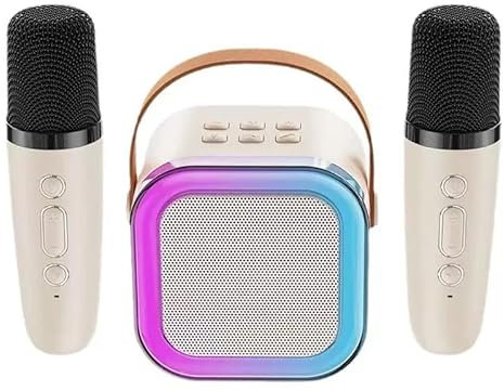 Mini Karaokê Portátil Sem Fio para Crianças com Mudança de Voz e LED RGB (Branco)