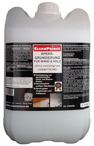 CleanPrince Sperrgrundierung für Wand und Holz 10 Liter | Ultra - Isoliergrund Sperrgrund Lösemittelfrei Geruchssperre | keine Farbe