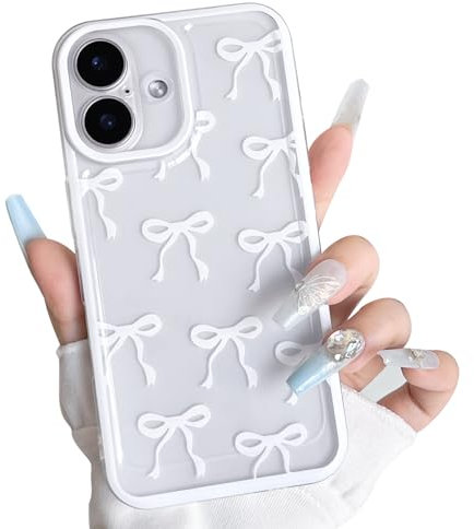NITITOP Compatible with iPhone 16 Plus Case Cute Clear White Big Bow Design Ribbon Bowknot Pattern for Girls Women Soft TPU Transparent Full Camera Lens Shockproof Protective Cover - White