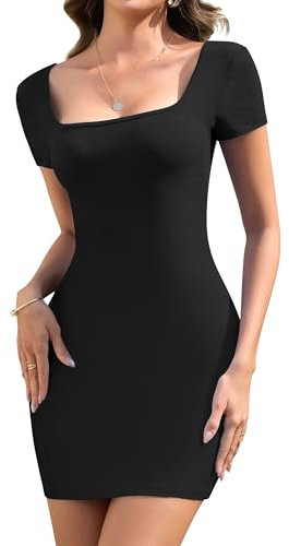 SHAPERIN Women's Dress Short Sleeve Bodycon Mini Dress Summer Pencil Dresses Tight Dress Short Square Neck Black S