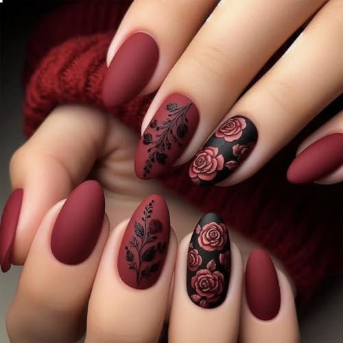 GlamRays 24 pcs. Almond Press-On Nails With Red Rose Flower Design, Full Coverage False Nails For Women, Suitable For Daily Wear And Parties