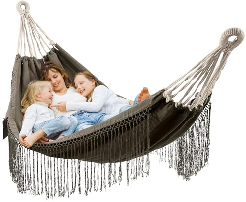 HOMELEVEL Outdoor und Indoor Hängematte aus Baumwolle - 220 x 115 cm - Boho Hänge Matte aus Stoff - Hängematte für den Garten oder Balkon - Outdoor Hammock - Dunkelgrau