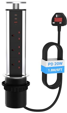 Hanstore Pop Up Socket Pull Pop Up Electrical Plug Socket with 2 Type-C & 1 USB Charging Ports 3 Plug Extension Desk Power for Kitchen Worktops Home Office, Sliver