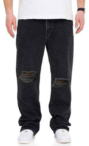 behype. Herren Jeans Ripped Loose-Fit Jeanshose 100% Baumwolle Denim Baggy Hose Straight-Leg Used Look Men's DC_JN-249-Washed Black-W30/L32