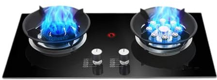 BZJPRFC Cuisinière À Gaz 2 Feux, 5,2 KW, Brûleur Wok À 9 Cavités, Grille en Fonte Et Verre Trempé, avec Protection Anti-Extinction, Kit GPL/gaz Naturel(LPG)