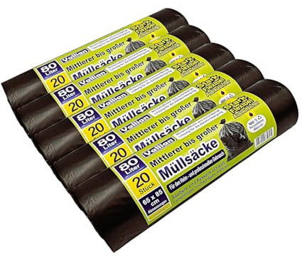 Vallian - Sacs poubelle de 80 litres - Dimensions : 65 x 85 cm - 20 sacs par rouleau - Résistants à la déchirure, solides et flexibles - Lot de 5 rouleaux (100 sacs)
