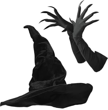OhMill Halloween Witch Hat with Long Claw Gloves Wizard Hat Adults Halloween Witch Costumes for Women Devil Paw Gloves
