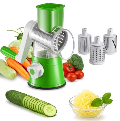 CROWNSHOP Rotary Cheese Grater Handheld Vegetable Slicer with 3 Stainless Steel Drum Blades for Vegetables Cheese Carrots Nuts Green