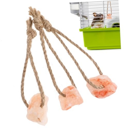 HEMOTON Nährstoffreiches Kauspielzeug aus Mineral Salzteinen und Seil 3 Stück Platzsparend für Eichhörnchen und Kaninchen mit Lecksteinhalter Pferd