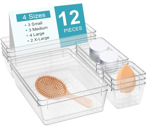 Schubladen Organizer, 12 Stück Schminktisch Organizer in 4 Größen, Drawer Organizer, Make Up Organizer, Schubladen Ordnungssystem für Schreibtisch, Büro, Bad, Küchen