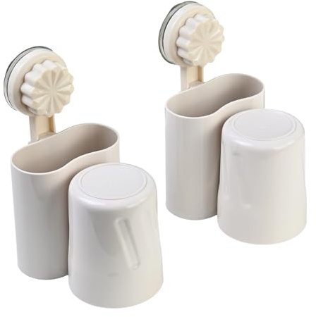 2-Pack Wall Mounted Toothbrush Holder | 3-in-1 Bathroom Organiser with Suction Cup | PET & PP Bathroom Accessories Set, Light Beige