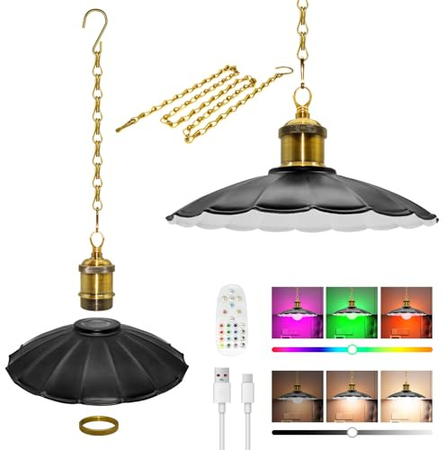 Timing Battery Operated Chandelier, Rechargeable Battery Powered Pendant Light with Remote, 25x6cm Removable Black Metal Lampshade, Metal Chain Hanging Lamp, Dimmable Ceiling Light,No Wiring/Power