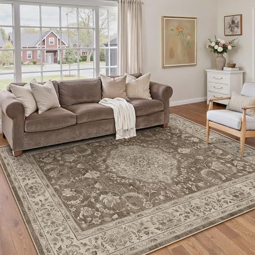 PureCozy Braun Teppich Wohnzimmer 160x230cm Waschbarer Vintage Tepiche | Rutschfest Kurzflor,Weich Teppiche,Wohnzimmerteppich,Schlafzimmer,Esszimmer,Büro,Kinderzimmer