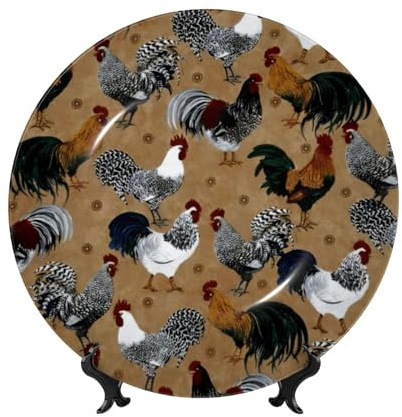 PHAYAH Dekorativer Teller aus Knochenporzellan mit Hahn- und Huhn-Motiv, Keramik, Essteller, Basteln, mit vertikalem Ständer, für Zuhause, Büro, Dekoration, 25,4 cm