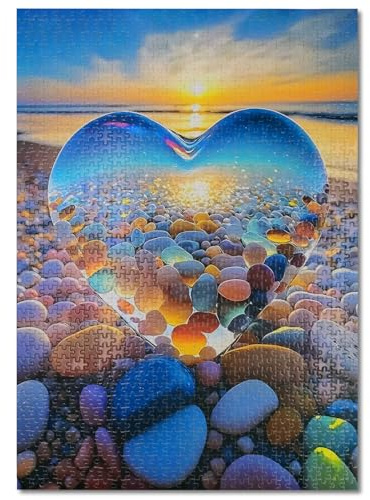 OVBOVA Puzzle 1000 Teile Erwachsene Leuchtendes Herz am Strand – Romantisches Kunstwerk zur Entspannung, als Wanddekoration oder Geschenk (70x50 cm)