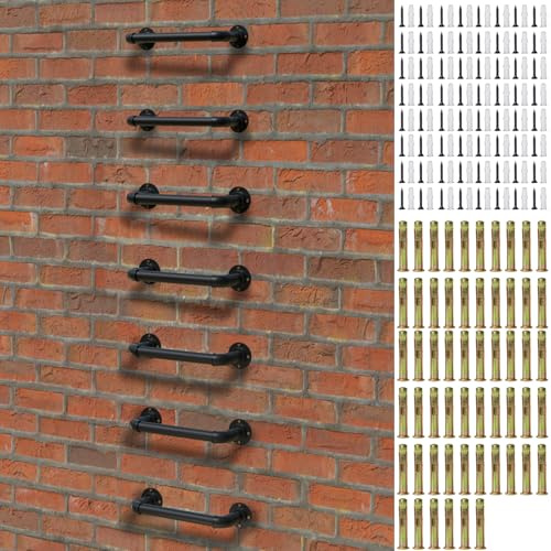 Wandmontierte Leiter, 1 Sprossen-Sicherheitsstufe aus Stahl, 7 Stück, für Fensterbrunnen, Egress & Bauernhaus-Aufbewahrung, 40,9 cm B x 15,2 cm T, 317,5 kg Traglast, schwarze rostfreie Beschichtung