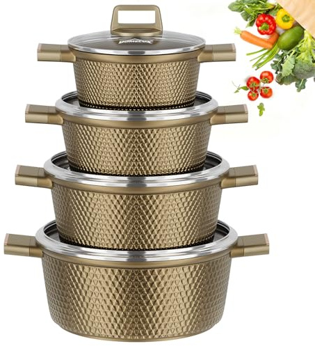HOMELUX Topfset Induktion 8-teilig, Kochtopf Set mit Glasdeckel | 20/24/28/32cm Aluminiumguss, Antihaftbeschichtet, für Alle Herdarten, PFOA/PFOS-frei, Facettenoptik & Braun