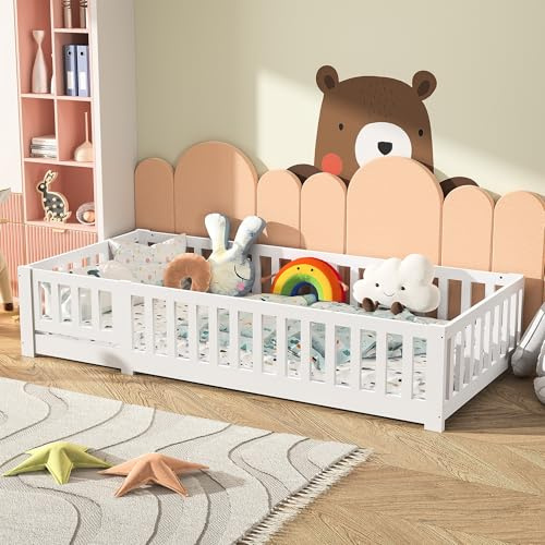 Quiaviank Kinderbett Bodenbett 90x200cm mit Rausfallschutz, Montessori Bett mit Lattenrost für Mädchen und Jungen, Kiefer Massivholz Bett, Bis 100kg Belastbar, Weiß