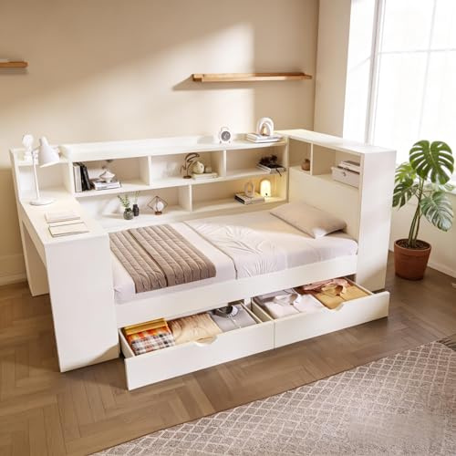 Su & Chan Legence Single Bed with Integrated Desk, Day Bed with Storage Drawers and Bookcase, Corner Bed with Charging Station and Slats, No Mattress, 90 x 190cm, White