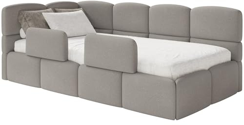 Selsey Jugendbett 120x200cm Hellbraun Chenille Stoff mit Matratze und Lattenrost, Polsterbett mit Stauraum und Bettkasten, Kinderbett mit 2 Schutzbarrieren, Jugendbett linksseitig
