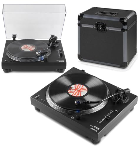 Vonyx DT3000 DJ T+urntable setup with 2 belt driven vinyl record decks and LP record case, USB record player system for home Hi-Fi listening, mixing and vinyl storage