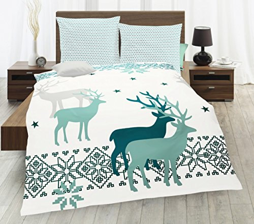 Fleuresse Edel Fein Biber Bettwäsche Sterne Nordische Hirsche Petrol Blau Weiß, Größe:155x220cm Bettwäsche