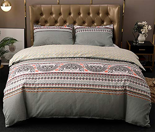 Nyescasa Boho Bettwäsche 200x220cm 3 Teilig Paisley Grau Beige Streifen Muster Indische Microfaser Böhmisch Wendebettwäsche Set mit Reißverschluss