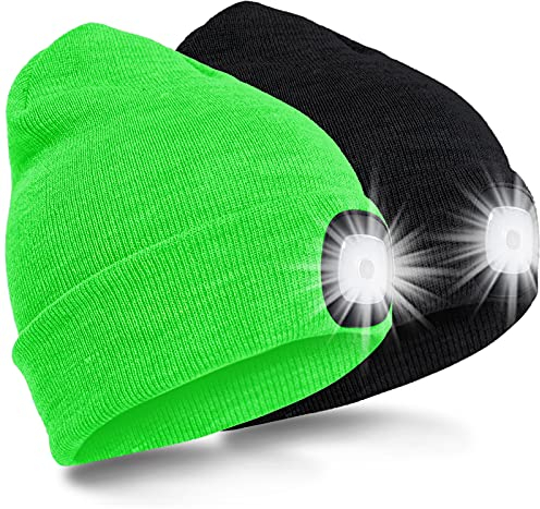 SPGOOD LED Beanie Beleuchtete Mütze mit Licht,Wiederaufladbare USB Winter Warm LED Mütze mit Licht,Lampe Laufmütze für Angeln,Jogger,Camping,Laufen(Schwarz&Fluoreszierendes Grün)