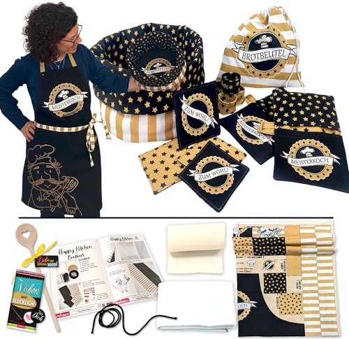 Steinbeck Nähset Küche Happy Kitchen Meisterkoch DIY Panel zum Nähen inkl. Anleitung Zubehör Vlies Kochlöffel Schokolade Swafing Geschenkset