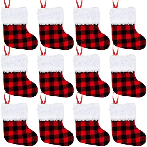 JOYIN Mini-Weihnachtsstrümpfe, 12,7 cm, Rot / Schwarz, Büffelmuster, Weihnachtsstrümpfe für Weihnachtsbaumdekoration, Partygeschenke und Feiertagszubehör