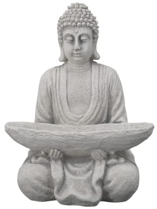 gartendekoparadies.de Buddha Figur mit Schale, Steinfigur, H. 27 cm, 5 kg, Grau, frostsicher aus Steinguss für Außenbereich