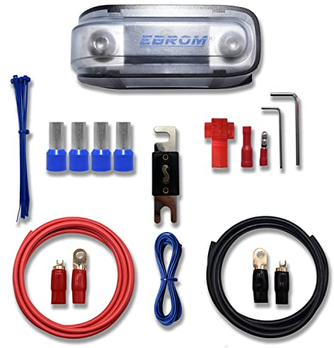 EBROM Batteriekabel Vollkupfer Car Hifi Kabel Set 50 mm2 (AWG 1) 5 m Pluskabel rot + 2 m Massekabel schwarz, ANL Sicherungshalter + 150 A Sicherung + Ringkabelschuhe + Gabelkabelschuhe vergoldet 50mm2