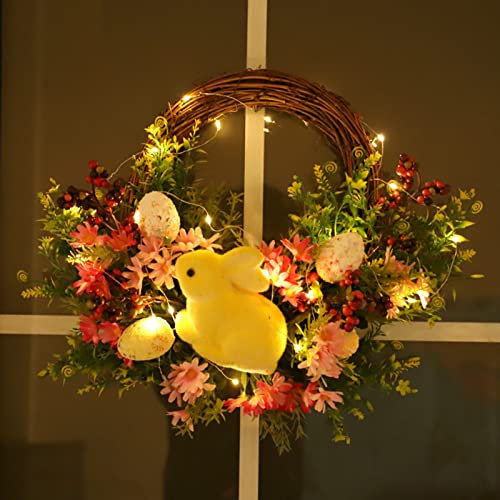 JFBUCF 40 cm großer Frühlings-Osterhasenkranz, beleuchteter Osterkranz mit Eiern, Blume, Blättern, künstlicher Gänseblümchen-Grünkranz für Haustür Wand Heimdekoration