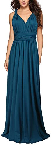 HAHAEMMA Robe Élégante Longue pour Femme - Soirée, Demoiselle d'Honneur, Bal - Col en V, Dos Nu - Longueur au Sol - Plage d'Été - Bleu Sarcelle, S