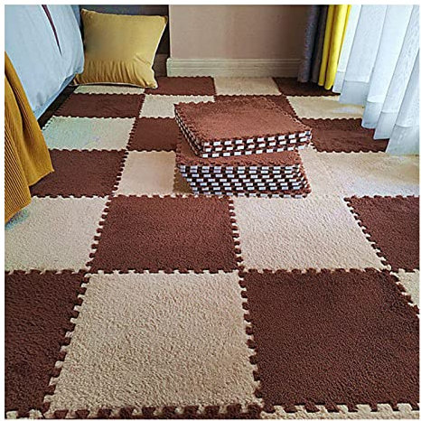 30 X 30 cm Puzzle-Bodenmatte, Plüsch-Schaumstoffmatten, Flauschige Teppichfliesen, Bodenmatte Für Schlafzimmerdekoration, Weicher Rutschfester Und Sturzsicherer, 7 Mm Dicker,Apricot+Coffee