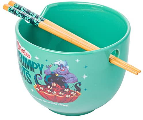 Silver Buffalo Disney Villains Little Mermaid Ursula's Shrimpy Bits Keramik-Ramen-Nudel-Reisschale mit Essstäbchen, mikrowellengeeignet, 590 ml, Little Mermaid Ursula's Shrimpy Bits