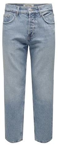 ONLY&SONS Jeans da Uomo vestibilità Regolare Pantaloni in Denim Dritti Vita Media Patta con Bottoni, Colore:Azzurro, Taglia Pantalone:29W / 32L, Lunghezza della Gamba: