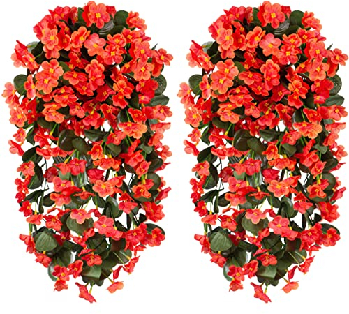 HyeFlora Künstliche hängende Morning Glory Blumen Ranken, 2 Stück, künstliche Hängepflanzen, künstliche Seide, Orchidee, Blumenranke, Blumenstrauß, Party, Innen- und Außendekoration (orange)