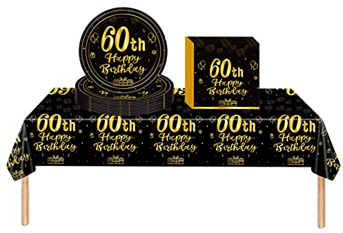 COSORO Black Gold 60th Birthday Plastic Table Cloth,Paper Plates Napkins Tableware Set,37P Decorations Disposable Kit for Women,Men,Lady,Him,Her Gifts Party Décor