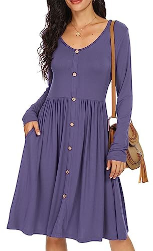 GRECERELLE Womens Long Sleeve Casual Plain Swing Dresses Button Down A-Line Midi Short T-Shirt Dress with Pockets (Purple Gray, L)