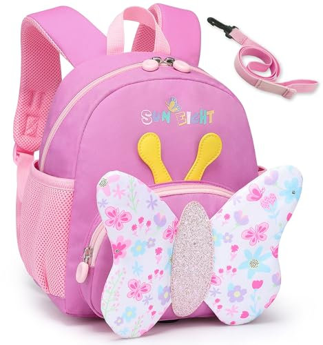 Domueay Toddler Backpack Kids School Bag Girls Mini Cute Backpack Nursery Kindergarten Children's Backpack with Reins Lightweight Waterproof Preschool Rucksack 1-5 Years, Butterflies