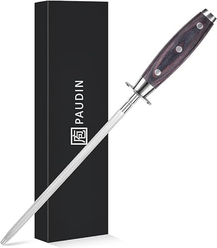 PAUDIN 10 Inch Honing Steel, Knife Sharpening Steel, Professional Carbon Steel Knife Sharpener Rod for Kitchen Knives