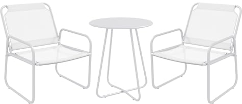 Outsunny Outdoor Garden Set Gartenmöbel Set bestehend aus 1 runden Tisch und 2 Terrassenstühlen mit Stahlrahmen Armlehnen und verstellbaren Fußstützen Weiß