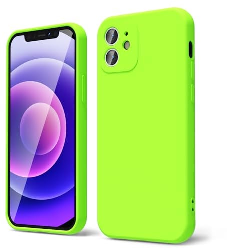 oakxco for iPhone 12 Mini Case Liquid Silicone, Fluorescent Bright Solid Color, Soft Rubber Gel Elegant Aesthetic Cover, Slim TPU Matte Plain Smooth Case for Women Girl Cute, Lime Neon Green