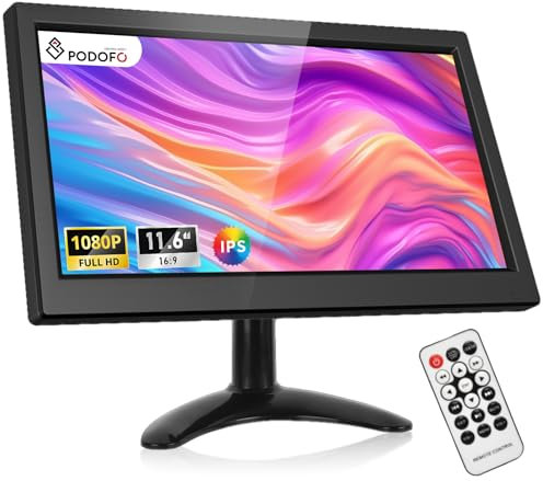 podofo 11.6 Inch IPS Small Monitor, Full HD 1080P Mini Monitor for Computer/Surveillance/Rear Camera, with HDMI/VGA/AVI/BNC/USB Input, Secondary Monitors for Laptop, 12-24V